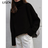LISCN高領(lǐng)羊毛衫女2025新款重磅歐美加厚毛衣寬松套頭慵懶風(fēng)針織打底衫黑色L
