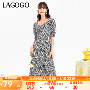 lagogo拉谷谷新款V領(lǐng)夏日多巴胺甜美泡泡袖A字印花雪紡連衣裙女 混色（Y0） S 155/36