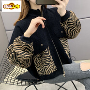 初徑豹紋毛呢開(kāi)衫女裝春秋外套女短款寬松外搭新款棒球服百搭上衣 卡其色 豹紋 M 建議100-115斤