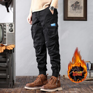 AK【直播同款】工裝褲子男純棉春秋夏季潮牌迷彩寬松休閑束腳長(cháng)褲子 98688黑色 加絨 29