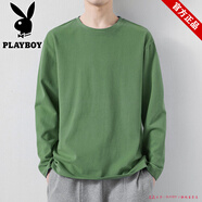花花公子品牌長袖t恤男裝秋冬2025年新款純色休閑上衣服圓領(lǐng)打底衫男內(nèi)搭 青綠圓長 M 【建議90-105斤】