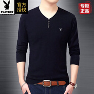 花花公子（PLAYBOY）秋冬純棉男士長(zhǎng)袖t恤細(xì)V領(lǐng)純色針織中青年修身針織打底衫爸爸上衣 V領(lǐng)紐扣藏青 L 175/88A