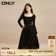 ONLY時尚復古U領高腰長袖中長款連衣裙女|123107041 E39 黑美人 XS (155) 76A
