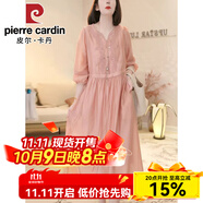 皮爾卡丹（pierre cardin）高端刺繡天絲苧麻連衣裙女法式燈籠袖收腰大擺棉麻長(cháng)裙 2024粉色2025 M 【建議115斤以下】