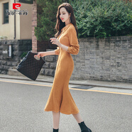 皮爾卡丹秋冬女神范穿搭感中長(cháng)款魚(yú)尾裙性感氣質(zhì)內搭鹿皮連衣裙顯高 栗黃色 S