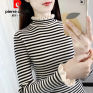 皮爾卡丹（pierre cardin）打底衫女新款荷葉邊條紋針織衫上衣修身緊身內搭春秋季半高領(lǐng)毛衣 杏色 L