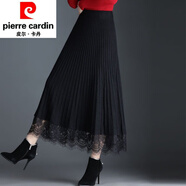 皮爾卡丹（pierre cardin）毛呢網(wǎng)紗半身裙女春秋2025高腰中長(zhǎng)款兩面穿a字紗裙百褶長(zhǎng)裙針織 蕾絲大擺裙黑色 S 80-95斤