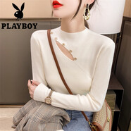 花花公子（PLAYBOY）半高領(lǐng)打底衫女秋冬洋氣韓版新款毛衣內(nèi)搭針織衫漏洞設(shè)計外穿上衣 杏色 S 【建議75-90斤】