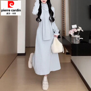 皮爾卡丹新中式藍色針織連衣裙子女秋冬季2026新款配大衣內搭打底毛衣長(cháng)裙 連衣裙含圍巾【少女新中式穿搭/ S 40/45kg