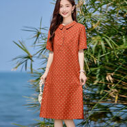 棉麻洋裝女夏季2025新款寬松遮肚減齡媽媽高端亞麻波點(diǎn)裙子 橘色 M