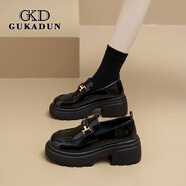 古卡頓（GUKADUN）女鞋秋冬新款樂福鞋子女新款英倫風(fēng)小皮鞋一腳蹬懶人單鞋增高鞋女 黑亮光 40