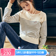 Olrain法式杏色條紋套頭針織衫女春裝寬松撞色復(fù)古上衣 杏色 160/84A/M