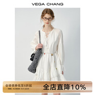 VEGA CHANG白色連衣裙女2025春秋新款法式V領(lǐng)長袖高級感蕾絲裙子 云朵白（長袖） XL