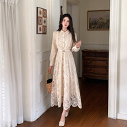 卡伊莎十三行品質(zhì) 高端法式重工收腰翻領(lǐng)單排扣蕾絲連衣裙7126送腰帶 杏色 M