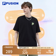 FILA FUSION斐樂潮牌情侶款短袖衫時尚寬松短袖T恤男女 正黑色-BK S