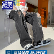 羅蒙（ROMON）美式高街破洞牛仔褲男夏季港風(fēng)潮流直筒長褲ins潮牌街頭乞丐褲子 灰黑色 2XL