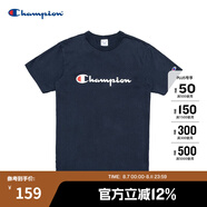 Champion夏季經(jīng)典款印花草寫LOGO圓領(lǐng)休閑運(yùn)動(dòng)T恤無性別冠軍短袖男女情侶 藏青色(偏?。?M