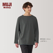無(wú)印良品（MUJI）男式 水洗粗棉線(xiàn)一字領(lǐng)九分袖T恤男士長(cháng)袖打底衫條紋男款秋季男裝 淺藍色條紋 XL （180/104A）