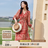 尚都比拉春秋中長(cháng)款印花紅色連衣裙氣質(zhì)女神范顯瘦度假裙子 紅花 S 