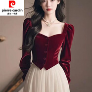 皮爾卡丹（pierre cardin）品牌秋季新款長袖金絲絨T恤女上衣小衫修身顯瘦洋氣打底衣日常穿 紅色 S