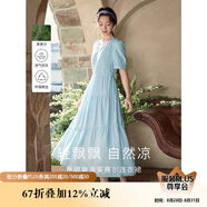 茵曼（INMAN）法式連衣裙女夏季顯瘦遮肚燈籠袖抽繩收腰公主長(zhǎng)裙子 紺藍(lán)色 S 