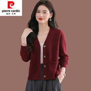 皮爾卡丹（pierre cardin）羊毛衫開(kāi)衫毛衣外套女秋裝2025新款V領(lǐng)披肩外搭短款洋氣針織上衣 櫻桃紅 XL