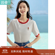 茵曼涼感撞色繡花女裝正肩短袖t恤2025夏季新品打底襯衫上衣 珍珠白 M