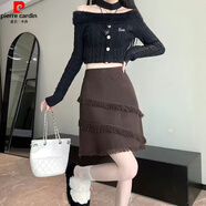 皮爾卡丹秋冬款流蘇針織半身裙女設計感高腰修身a字包臀裙小個(gè)子毛線(xiàn)短裙 咖啡色 M 建議95-105斤