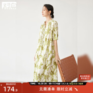 對(duì)白浪漫暈染水墨碎花連衣裙女2025新款夏季飄帶設(shè)計(jì)感時(shí)尚長裙子 苔蘚綠花 M