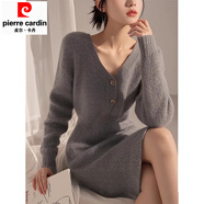 皮爾卡丹秋冬法式灰色V領(lǐng)針織連衣裙過(guò)年感穿搭純欲修身絕美毛衣裙子 灰色針織連衣裙【標準版】 L 建議105-120斤