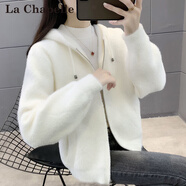 拉夏貝爾（La Chapelle）春秋季新款仿水貂絨外套女款2025韓版秋冬拉鏈針織上衣連帽開衫女 米白 XL 【建議115-125斤穿】