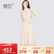 魅斑淡人穿搭法式茶歇裙連衣裙女2025夏季新款V領(lǐng)系帶收腰仙女裙 米色 M