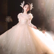 小咔衣濃女童禮服長(cháng)袖高端兒童生日蓬蓬紗小女孩主持人高端鋼琴演出服冬季 香檳色長(cháng)袖長(cháng)款 130