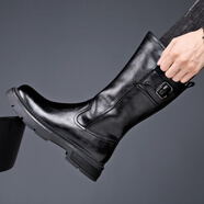 長(cháng)筒靴男皮靴戶(hù)外馬丁靴男秋冬保暖加絨機車(chē)騎士靴英倫高幫工裝靴 黑色 四季單靴 44 (270mm)