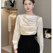 花花公子（PLAYBOY）法式氣質(zhì)刺繡絲絨襯衫女2024春季新款復古宮廷風(fēng)洋氣繡花領(lǐng)帶襯衣 杏色官方旗艦版 XS