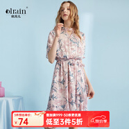 Olrain歐芮兒女裝格子連衣裙中長(cháng)款西裝領(lǐng)雪紡女法式復古裙赫本風(fēng)桔梗裙 粉色花 8XLC11861 M 160/84A