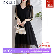 ZXEGI黑色拼接真絲裙子夏季新款時(shí)尚V領(lǐng)顯瘦重磅100%桑蠶絲連衣裙氣質(zhì) 黑花 XL