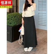 恒源祥灰色半身裙女裝春秋冬季新款感氣質(zhì)高腰A字魚(yú)尾顯瘦松緊腰裙 黑色【冬款 薄絨有垂感 L