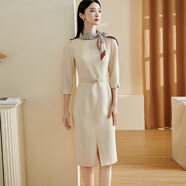 米思陽（missshine）2025夏季新款法式氣質感裙子設計師精致粉色連衣裙女 米杏色七分袖現(xiàn)貨直發(fā) S