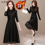 美安嘉加厚絨蕾絲連衣裙秋冬胖妹妹大碼中長(cháng)款洋氣質(zhì)遮肉小個(gè)子打底裙子 227黑色蕾絲花邊(加絨款) M