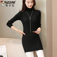 啄木鳥(niǎo)高領(lǐng)針織打底衫女秋冬新款內搭中長(cháng)款毛衣修身顯瘦包臀針織連衣裙 黑色 S 建議85斤以下
