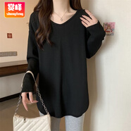 賞峰大碼女裝胖mm中長(cháng)款T恤女春秋冬季2025新款寬松顯瘦內搭長(cháng)袖打底 黑色 3XL 建議161-180斤