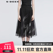 S.DEER圣迪奧春季壓褶網(wǎng)紗印花不規(guī)則通勤A字半身長裙女S22181111 黑色/91 S/160