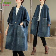 貝娜妮（Beinani）加肥加大碼女裝牛仔外套胖mm寬松200斤中長(cháng)款風(fēng)衣顯瘦開(kāi)衫牛仔衣 藍色 3XL 建議140-160斤