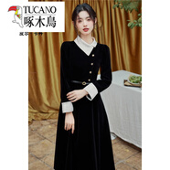 啄木鳥(niǎo)（TUCANO）黑色赫本連衣裙氣秋冬女裝復古法式通勤絲絨小黑裙設計感港風(fēng)氣質(zhì) 黑色 (配腰帶) 2XL 建議140-159斤