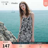 三彩2025夏季新款雪紡壓皺連衣裙無袖吊帶裙花卉寬松長裙女 黑白花卉 M 160/84A