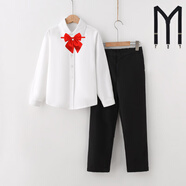鐳鐳鴨學(xué)生校服春秋夏秋款兒童表演服套裝白色長袖襯衫幼兒園演出服禮服 白長袖+長褲+背帶+紅領(lǐng)花 130 cm
