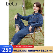 百圖betu女裝春季新款連體褲復古水洗牛仔襯衫工裝連體褲2401T69 牛仔色 XS