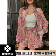 歐洲站2025夏女裝新款翻領(lǐng)寬松防曬碎花顯瘦襯衫兩件套 粉色襯衫+短褲 S
