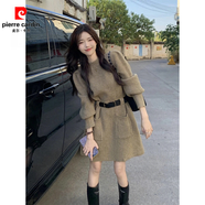 皮爾卡丹（pierre cardin）復古氣質(zhì)針織連衣裙女秋冬流行設計感加厚裙子收腰顯瘦小個(gè)子短裙 燕麥咖洋裝（送腰帶） XL
